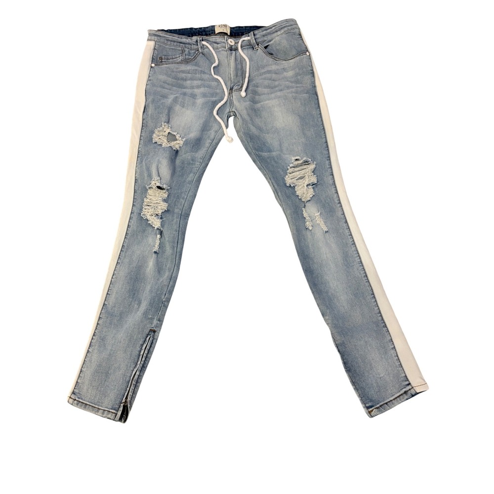 KDNK Mens Distressed Skinny Jeans Light Wash White Side Stripe Ankle Zip Size 36